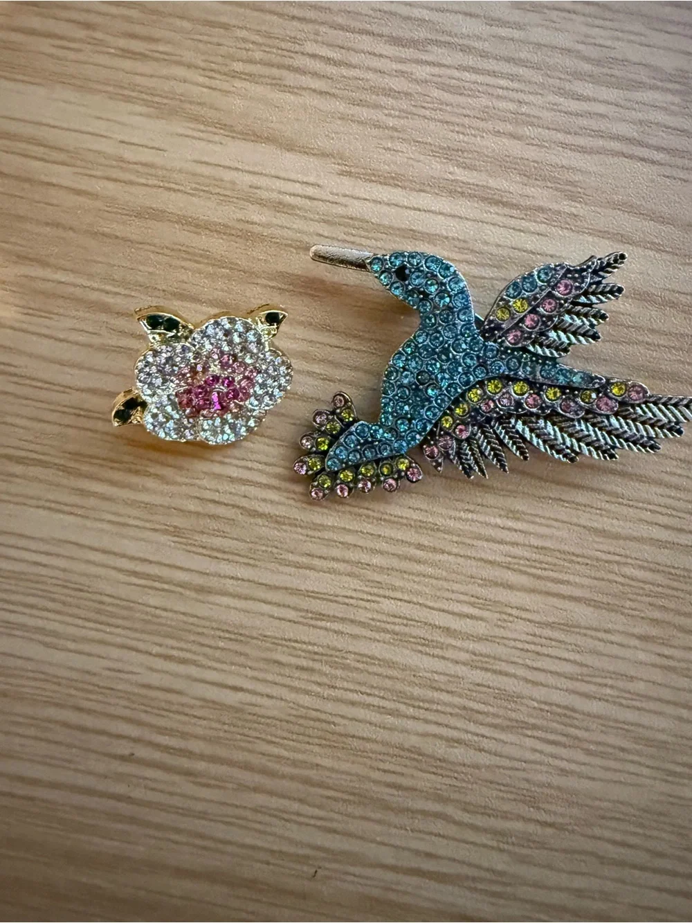 Crystal Bird and Flower Brooch Duo - Blue, Pink, Yellow